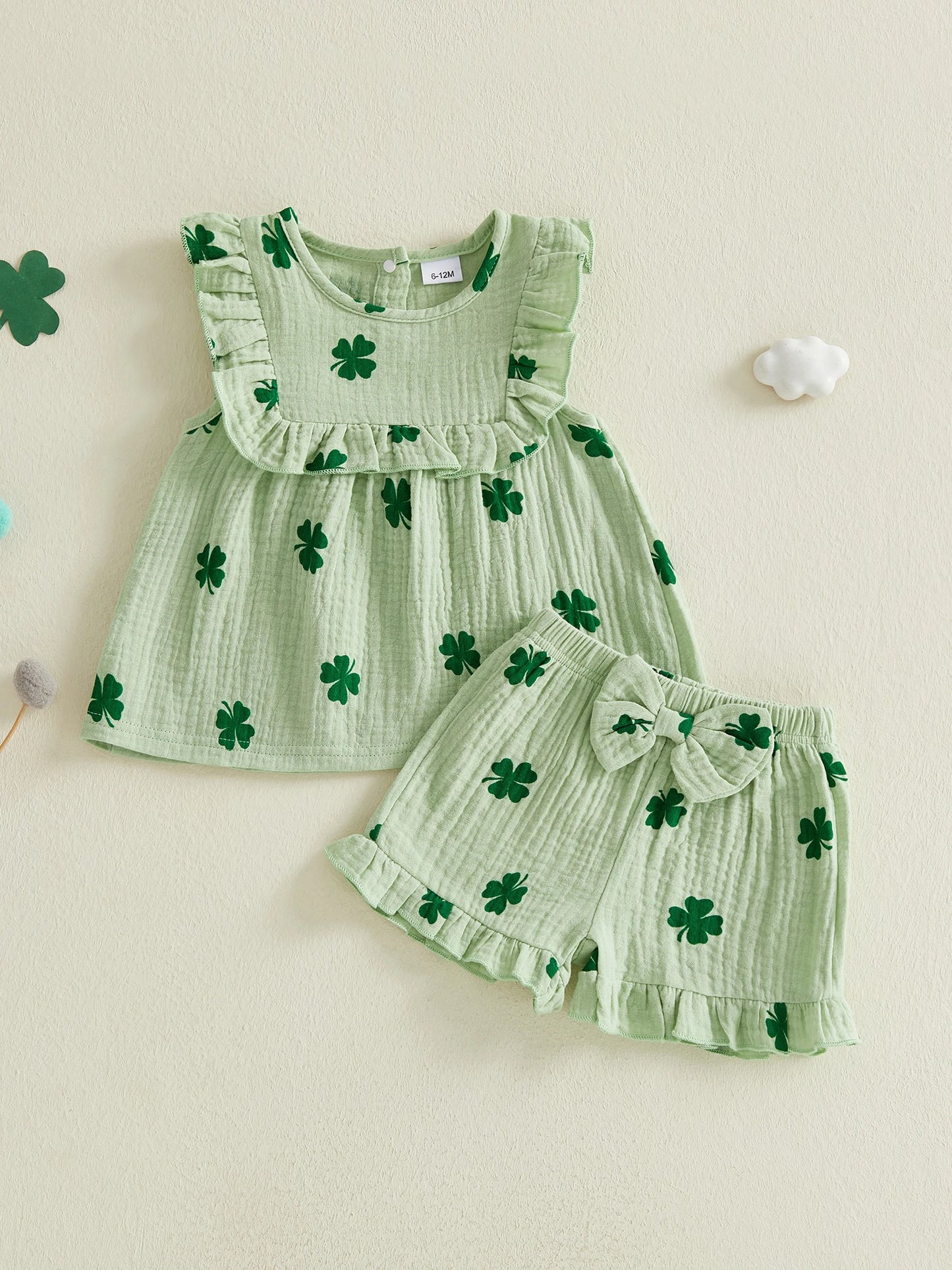 Baby Toddler Girls 2Pcs Irish Outfit Sleeveless Clover Shamrock Print Ruffle Top Shorts Set St. Patrick's Day
