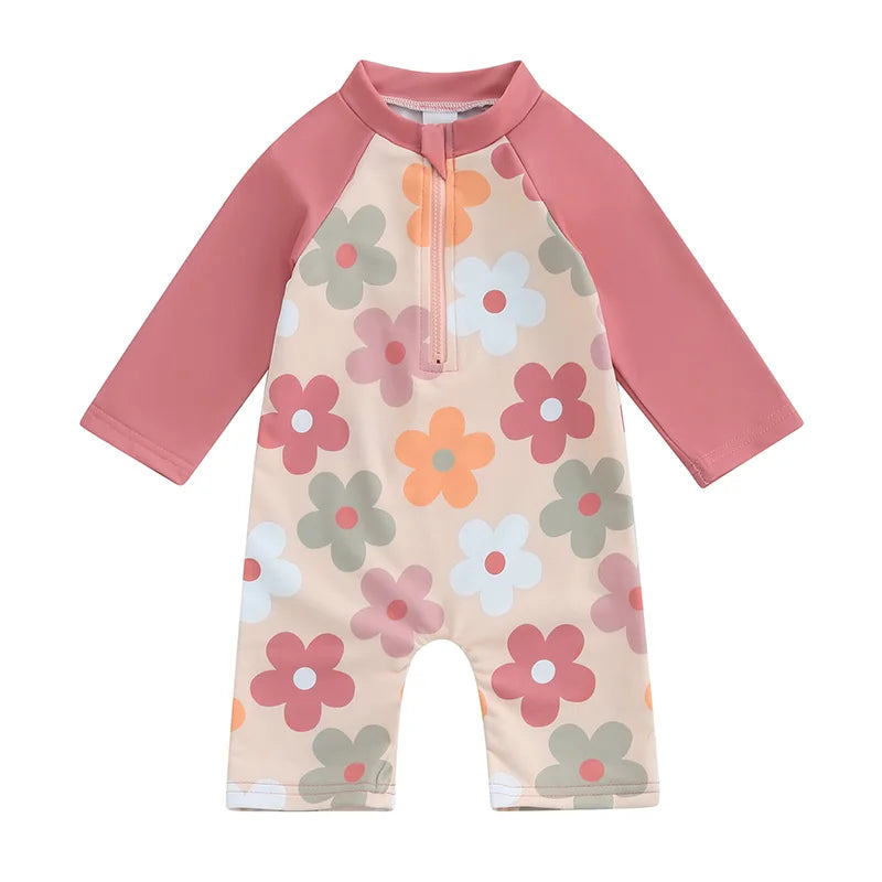 Baby Toddler Boys Girls Rash Guard Swimwear Animal/Floral/Tree Print Long Sleeve Mock Neck Zip Bathing Suit
