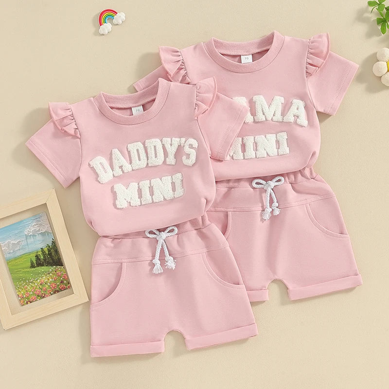 Toddler Baby Girls 2Pcs Daddy's / Mama Mini Summer Short Frilly Sleeve Letter Top Solid Color Shorts Sets