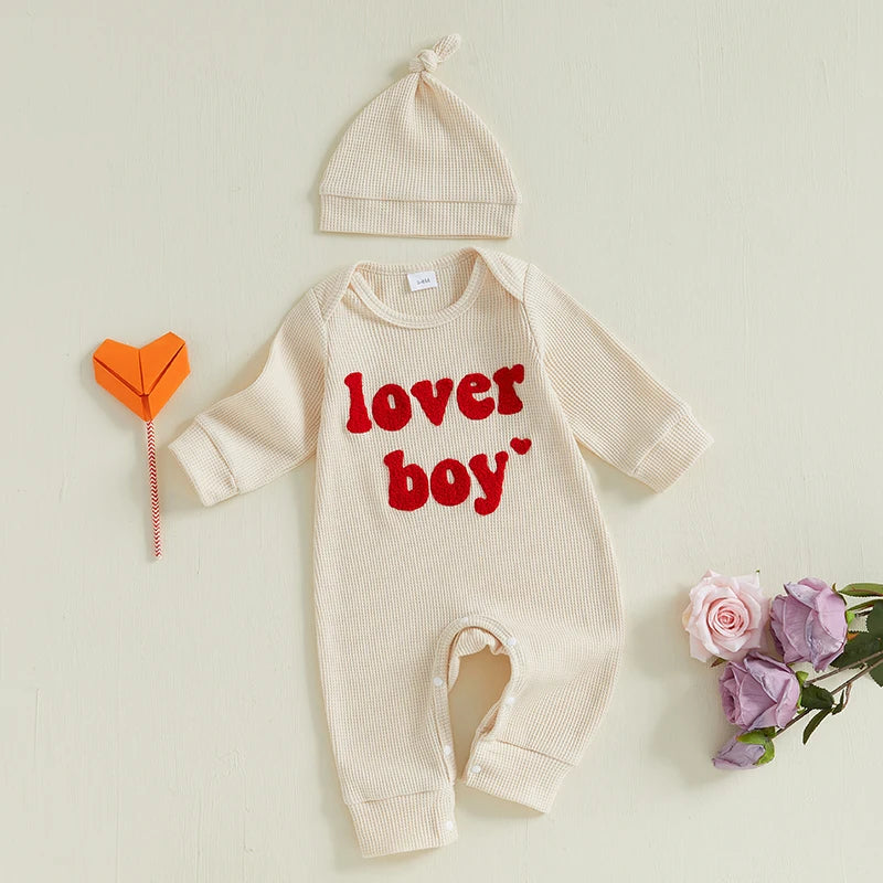 Baby Boy 2Pcs Lover Boy Romper Letter Heart Embroidery Valentines Long Sleeve Full Length Jumpsuit with Hat Valentine's Day Outfit Set