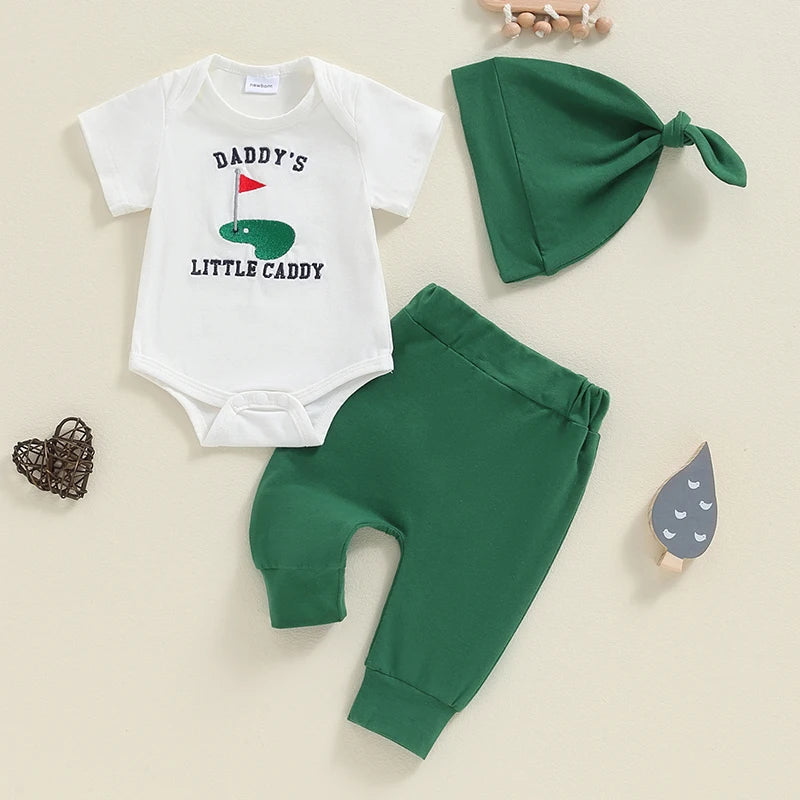 Baby Boys 3Pcs Daddy's Little Caddy / New To The Club Golf Outfit Short Sleeve Embroidery Romper + Pants + Hat Set