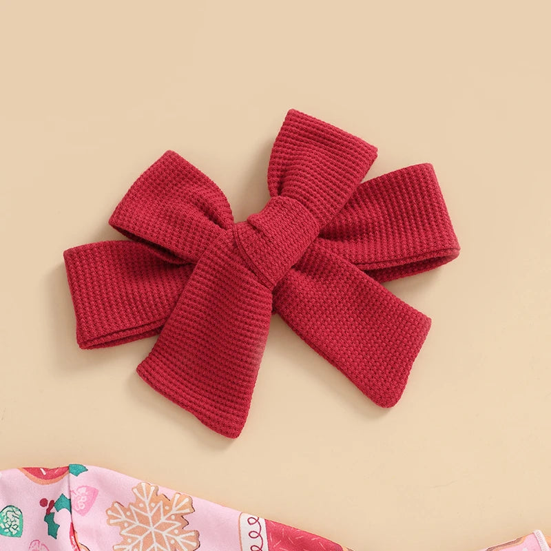 Baby Girls 2Pcs Romper Christmas Print Long Sleeve Jumpsuits Flare Sleeve and Pant and Cute Headband Set Infant Outfits