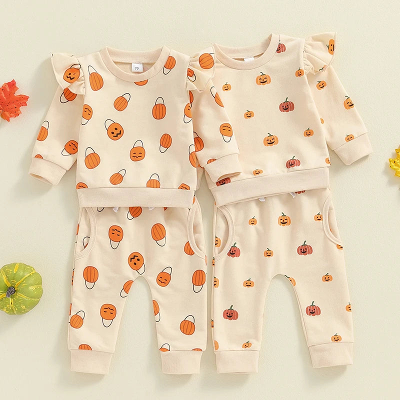 Baby Toddler Girls 2Pcs Fall Halloween Outfit Pumpkin Print Long Sleeve Frilly Shoulder O-Neck Pullover with Elastic Waist Pants Set