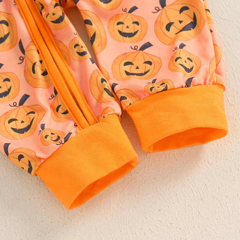 Baby Girls Halloween Romper Pumpkin Print Ruffle Trim Long Sleeve Full Length Zipper Jumpsuit for Fall