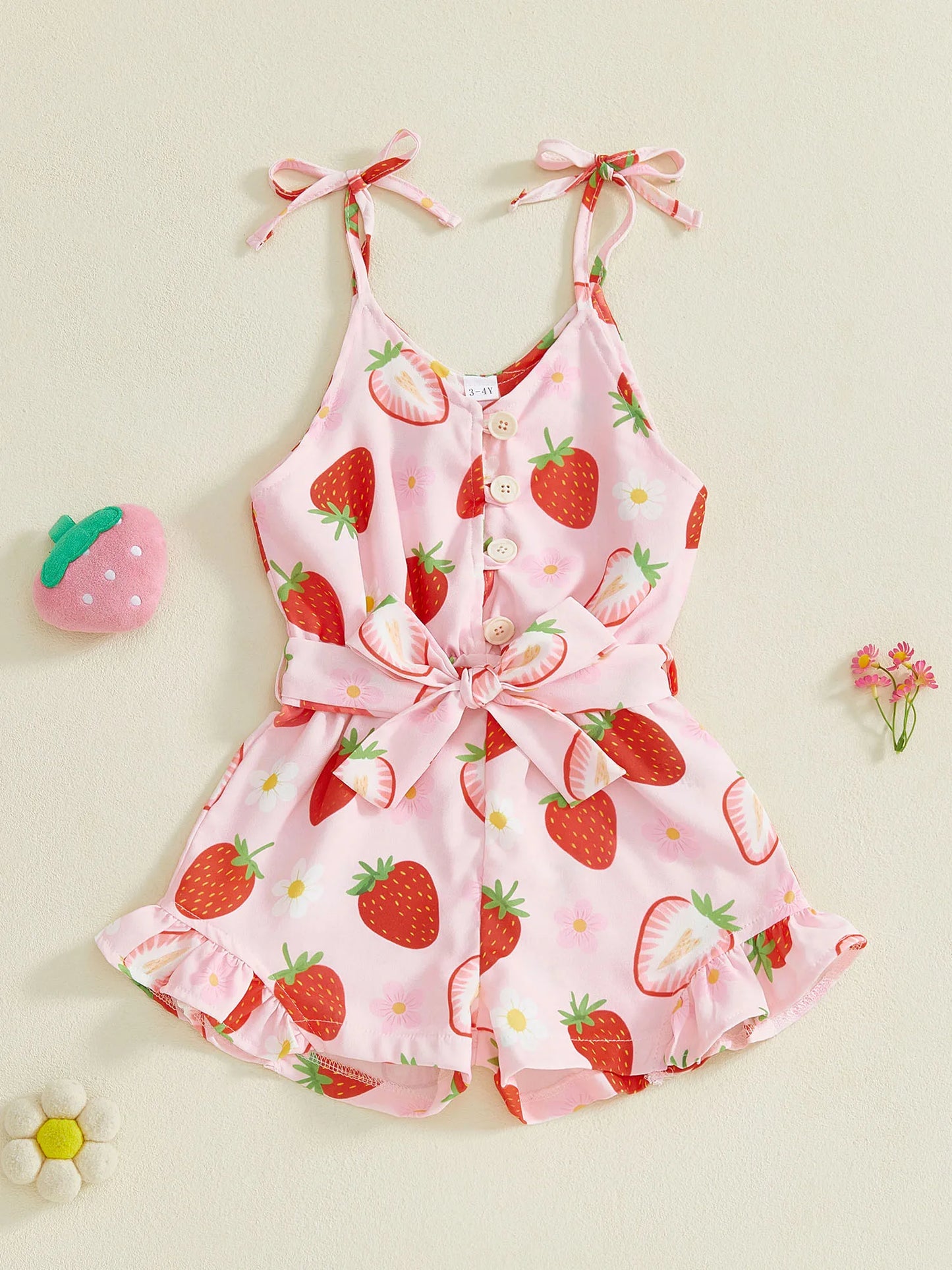 Toddler Kids Girl Summer Sleeveless Button up Strawberry Print Tie Shoulder Shorts Jumpsuit Romper
