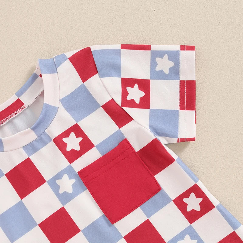 Baby Toddler Boys 2Pcs 4th of July USA Outfit Short Sleeve Letter Flag/Star Checkerboard Print Top Drawstring Shorts Set