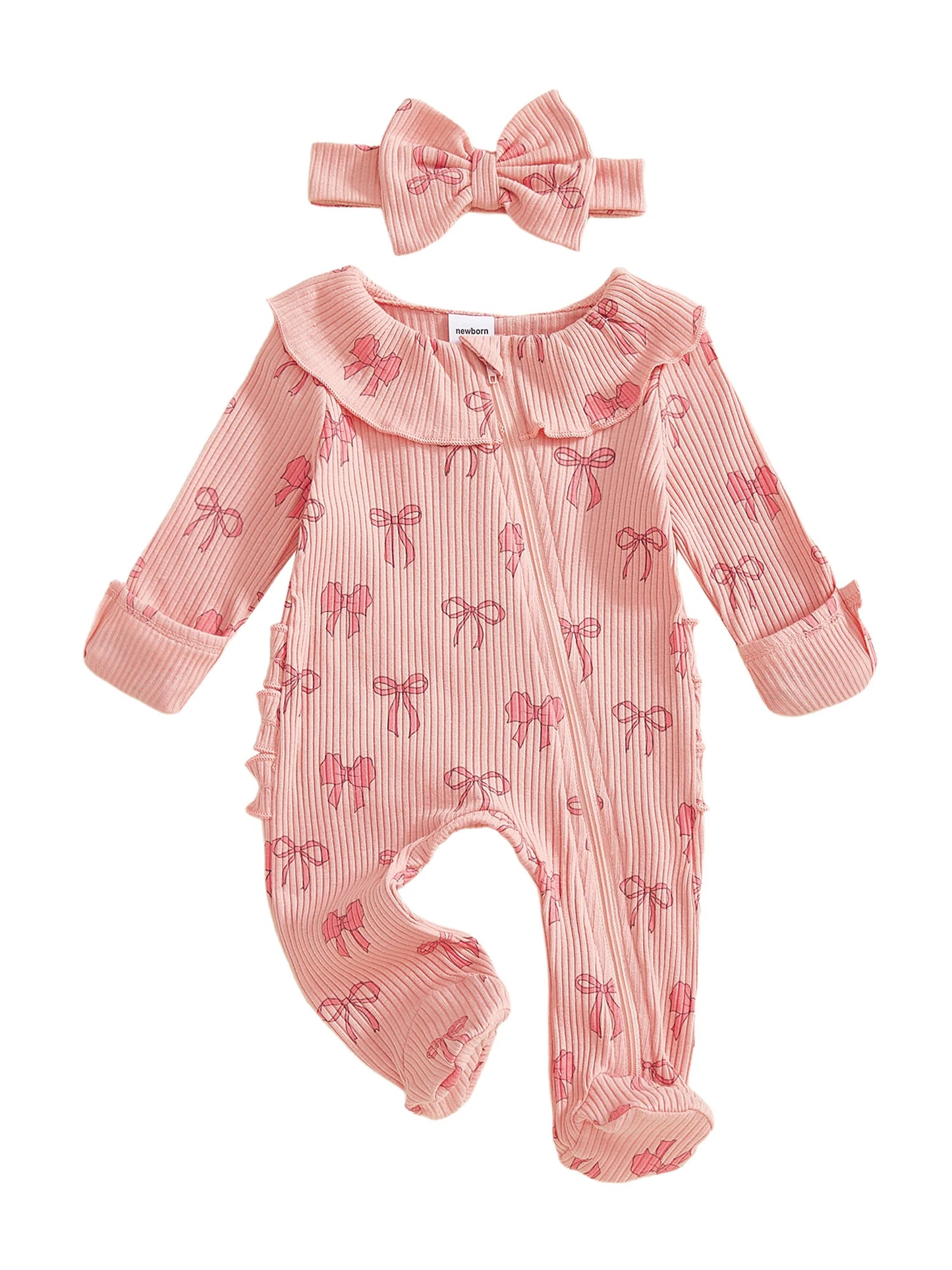 Baby Girls 2Pcs Set Long Sleeve Round Neck Bow Print Romper with Matching Bow Headband for a Stylish Look