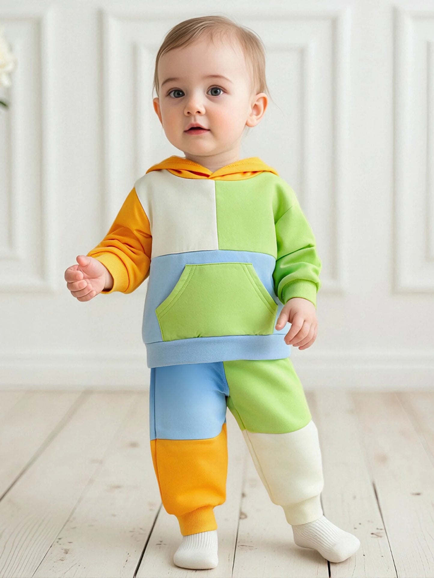 Baby Toddler Boys Girls 2Pcs Fall Outfit Loose Fit Contrast Color Long Sleeve Hoodie and Pants Jogger Set