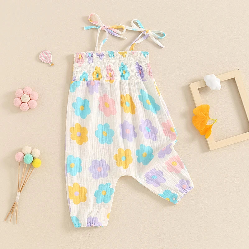 Baby Girl Romper Flower Print Shirred Square Neck Tie-Up Spaghetti Strap Tank Top Jumpsuit Summer Overalls