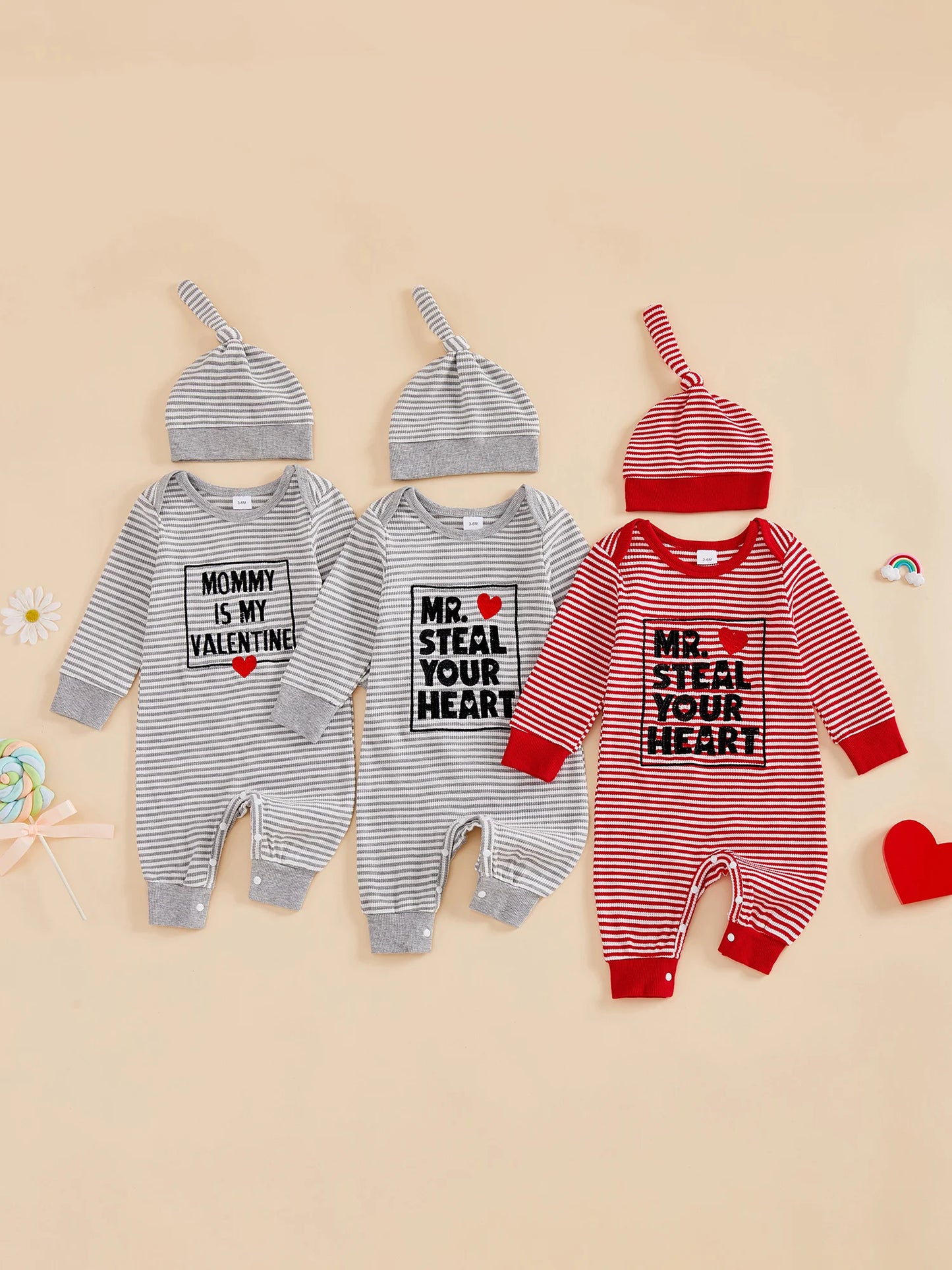 Baby Boys 2Pcs Valentine's Day Mr. Steal Your Heart / Mommy Is My Valentine Jumpsuit Set Long Sleeve Crew Neck Stripes Letters Romper with Hat Outfit