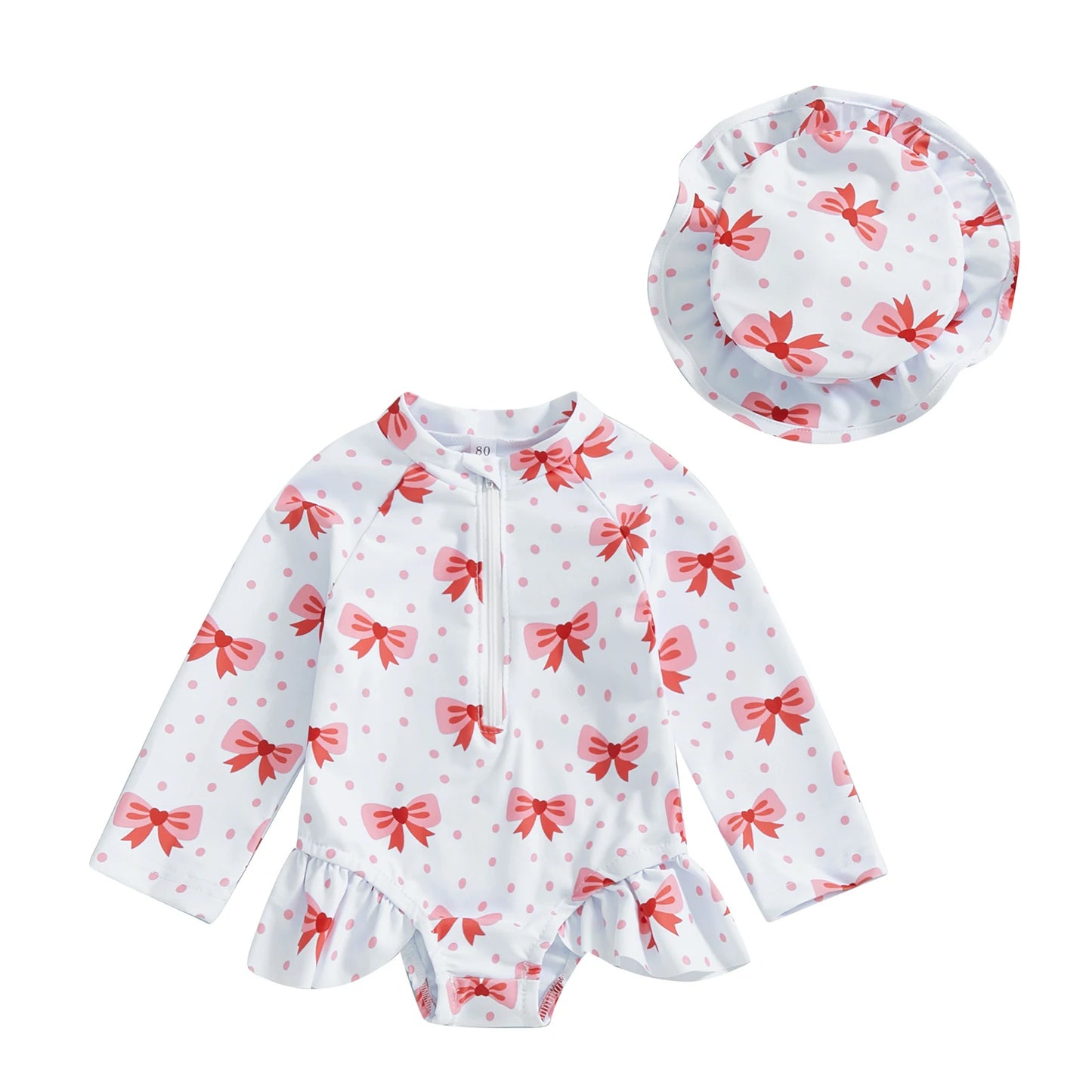 Baby Toddler Girls 2Pcs Rash Guard Swimsuit with Hat Bow Floral Print Zip Up Long Sleeve Crew Neck Swimwear Bathing Suit Set