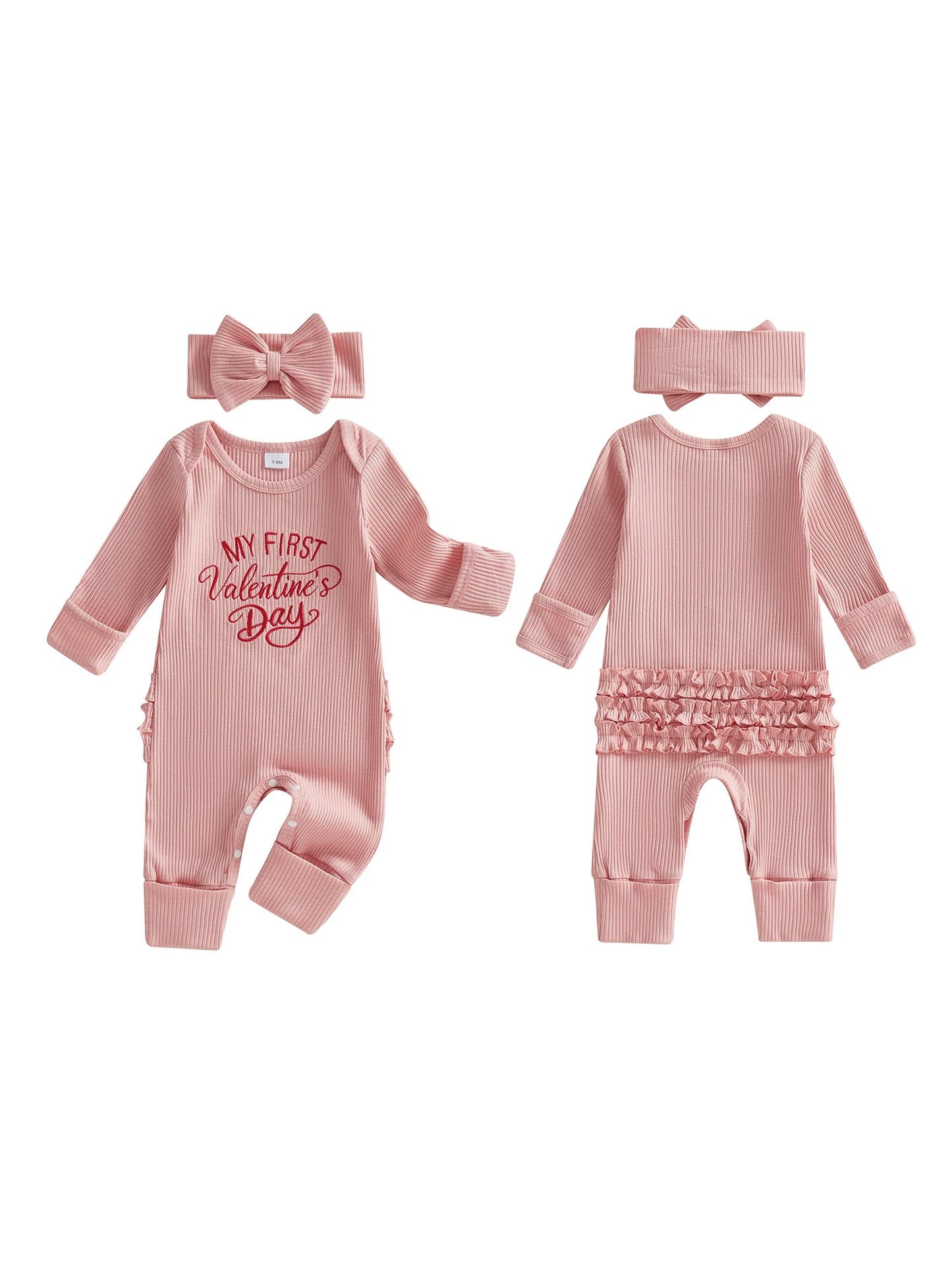 Baby Girls 2Pcs My 1st Valentine's Outfit Letter Embroidered Long Sleeve Romper and Bow Headband Set