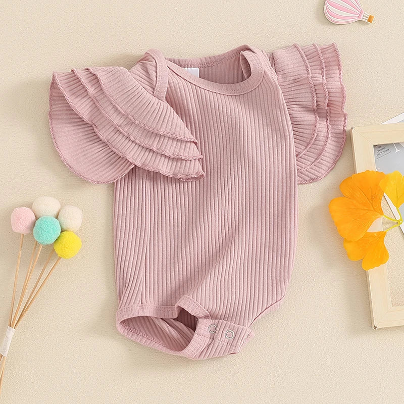 Baby Girl Summer Clothes Ribbed Plain Ruffle Sleeve Short Sleeve Bodysuit Rib Knit Romper