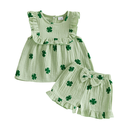 Baby Toddler Girls 2Pcs Irish Outfit Sleeveless Clover Shamrock Print Ruffle Top Shorts Set St. Patrick's Day