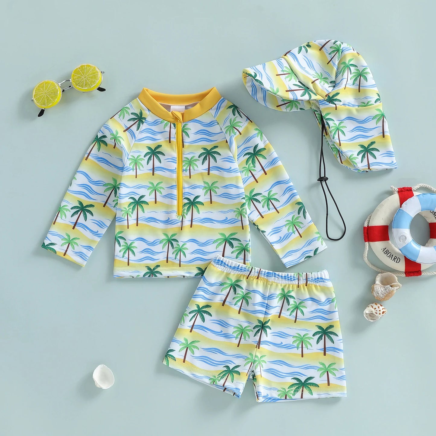 Baby Toddler Boys 3Pcs Rash Guard Swimsuit Set Palm Tree Print Long Sleeve Round Neck Top and Shorts Hat Set