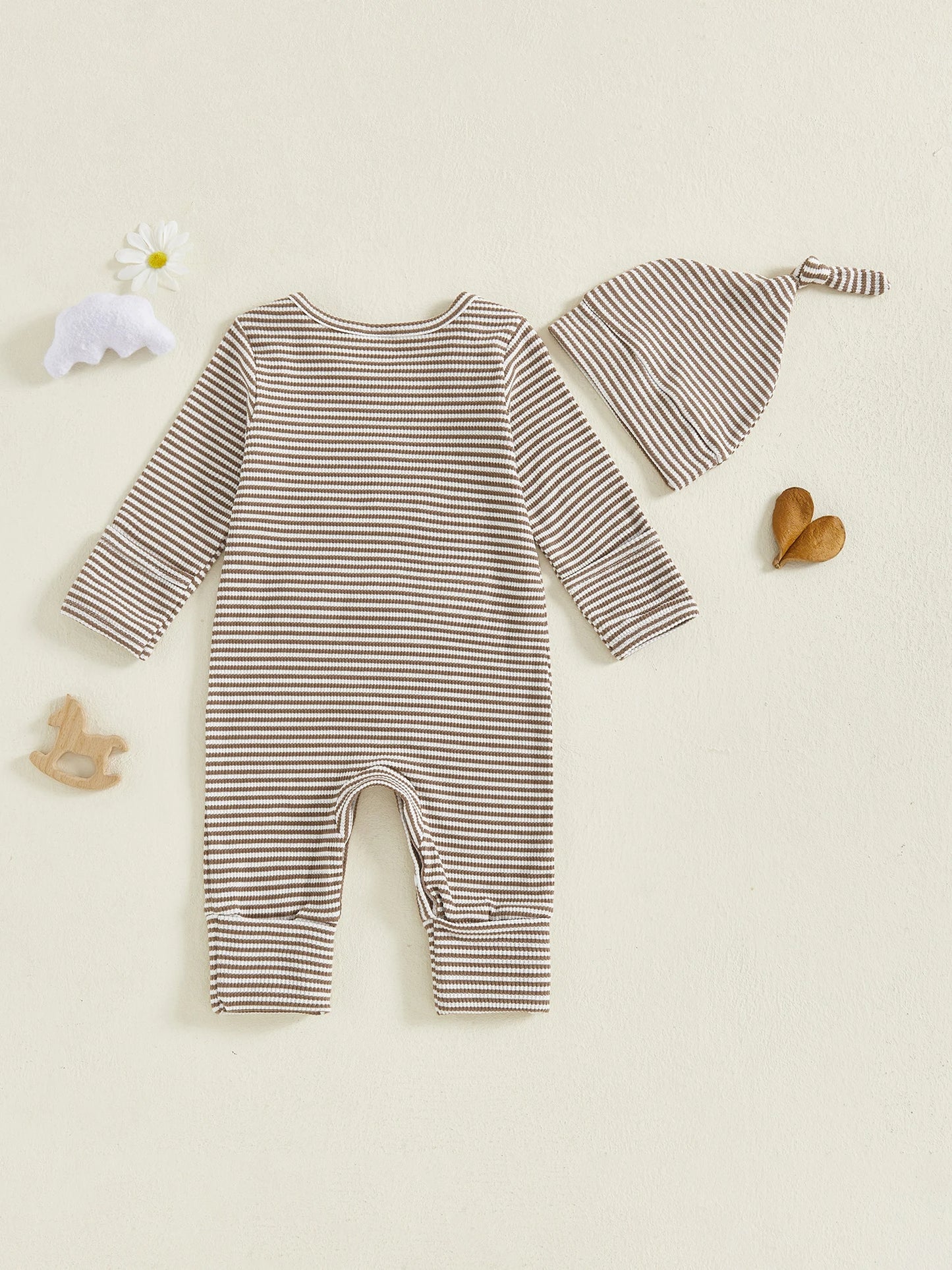 Baby Boy 2Pcs Striped Hello I'm New Here Romper Letters Embroidery Round Neck Long Sleeve Jumpsuit with Hat Set