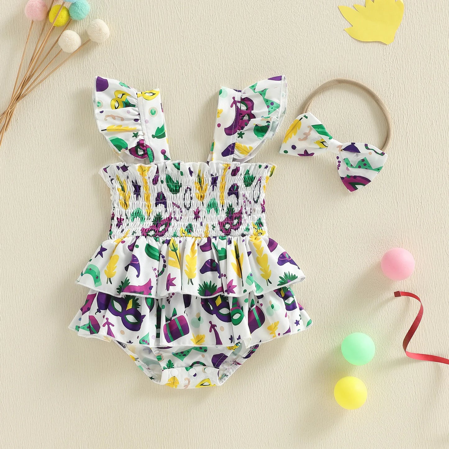 Baby Girl 2Pcs MardiGras Outfit Flying Sleeve Square Neck Mask Print Romper Dress with Bow Headband Set