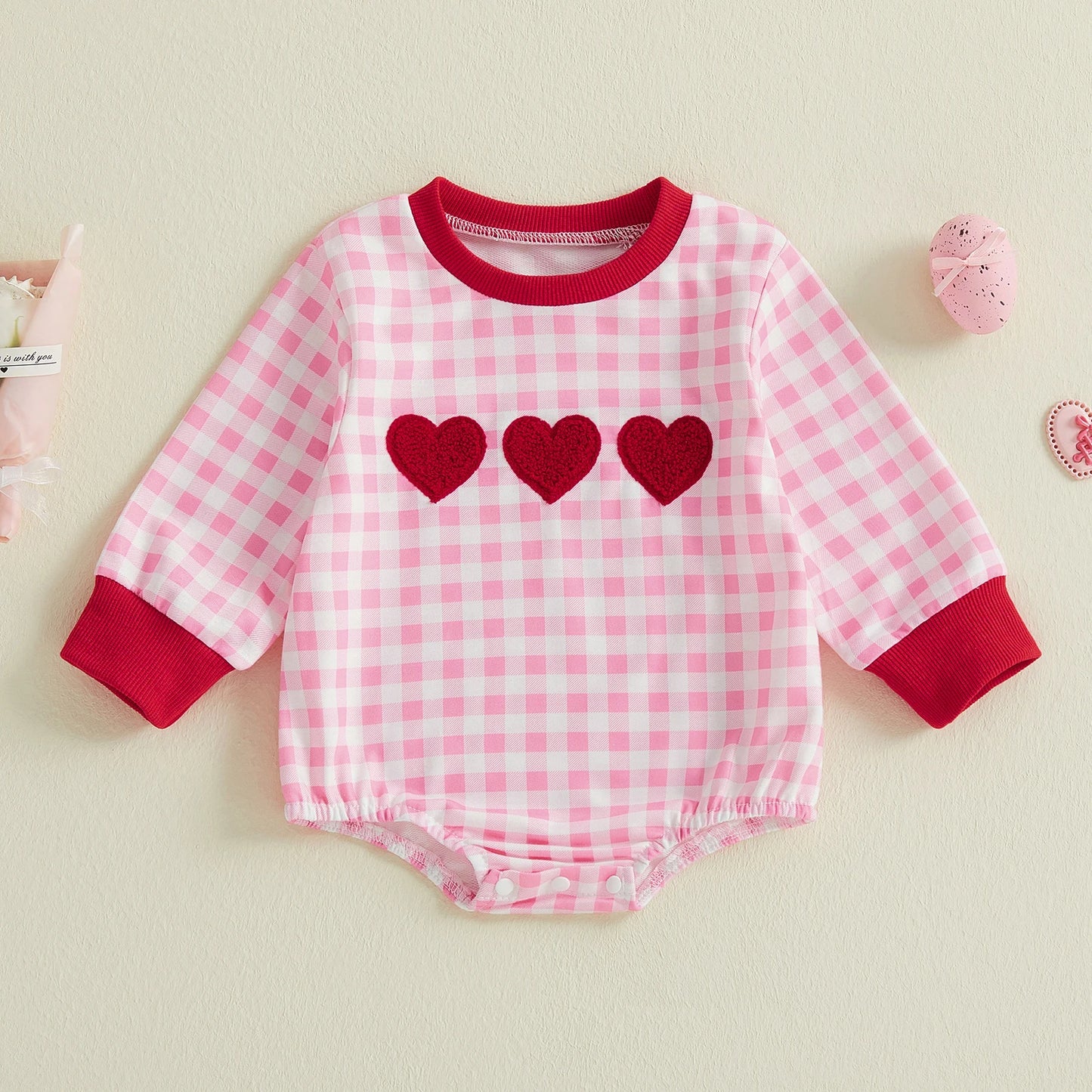 Baby Girls Romper Long Sleeve Crew Neck Plaid Embroidery Heart Bodysuit Valentine's Day Clothes