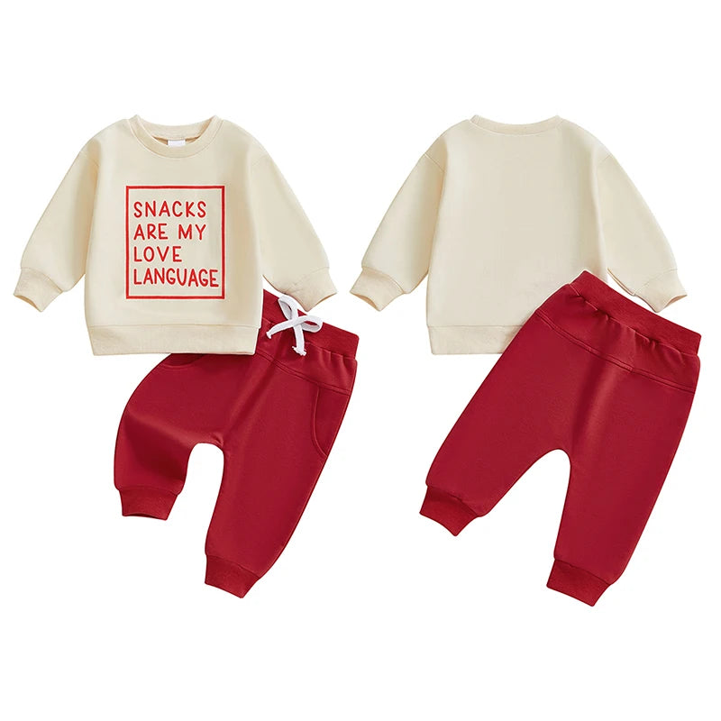 Baby Toddler Boys 2Pcs Snacks Are My Love Language Fall Outfit Letter Print Long Sleeve Top and Long Pants Jogger Set