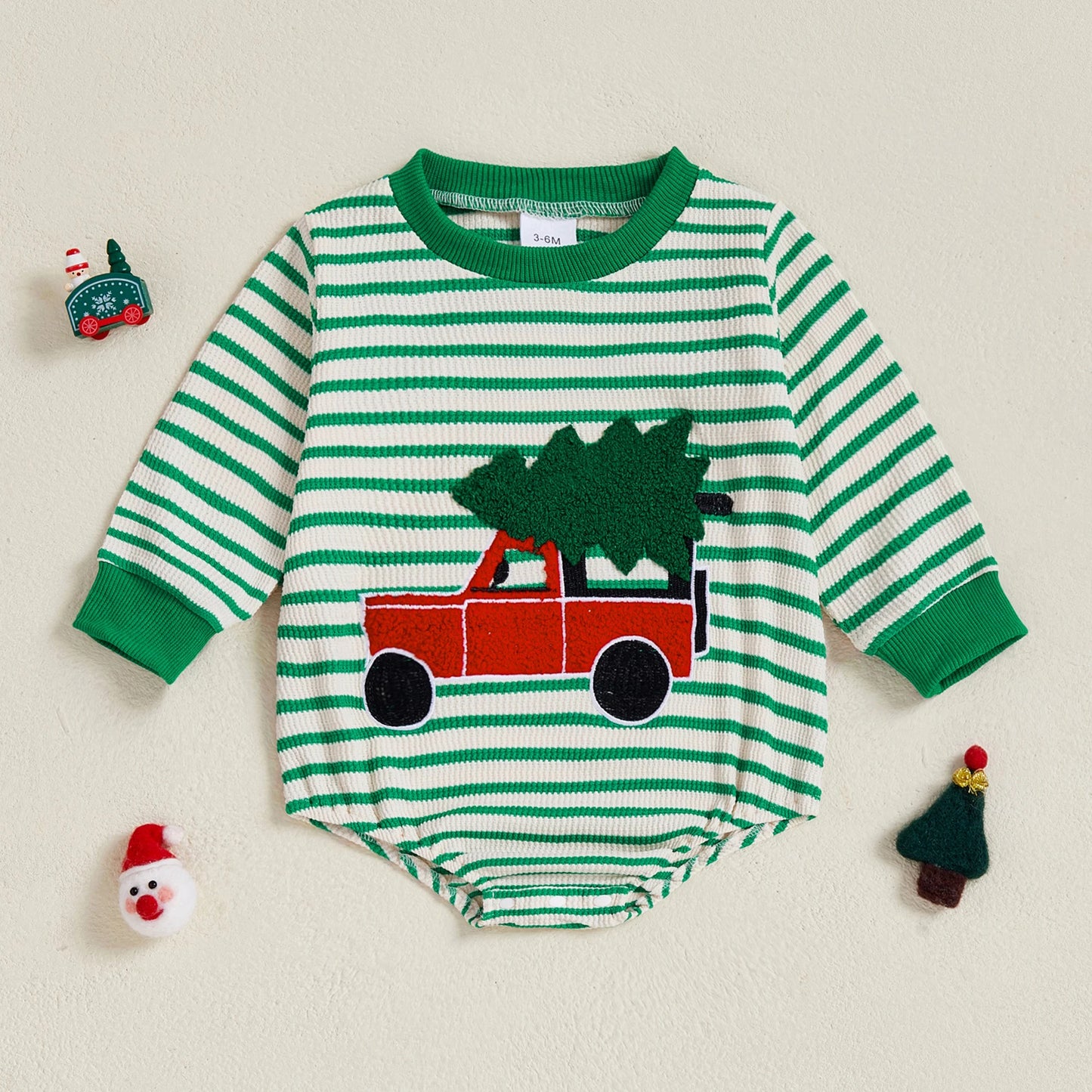 Baby Boy Girl Christmas Striped Jumpsuit Long Sleeve Round Neck Tree Truck Embroidery Romper