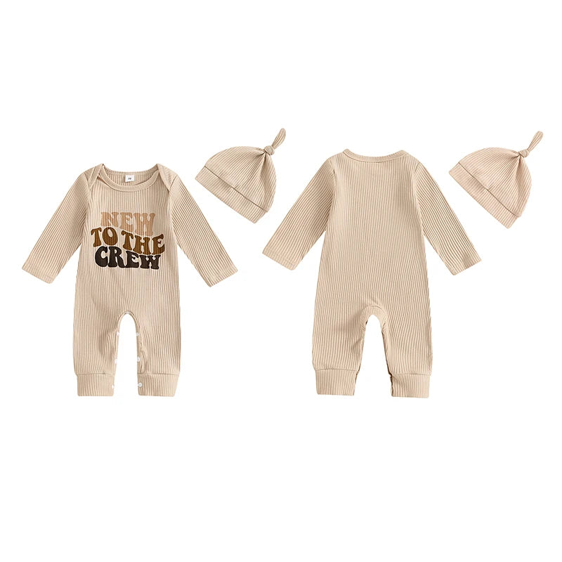 Baby Girl Boy 2Pcs New To The Crew Fall Romper Letter Ribbed Long Sleeve Full Length Jumpsuit Hat Clothes Outfit Set