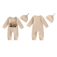 Load image into Gallery viewer, Baby Girl Boy 2Pcs New To The Crew Fall Romper Letter Ribbed Long Sleeve Full Length Jumpsuit Hat Clothes Outfit Set
