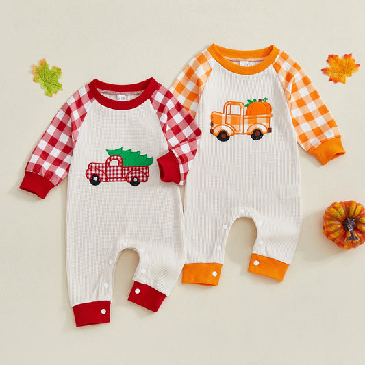 Baby Girl Boy Thanksgiving/Christmas Casual Jumpsuit Long Sleeve Round Neck Car Truck Pumpkin Christmas Tree Embroidery Plaid Romper