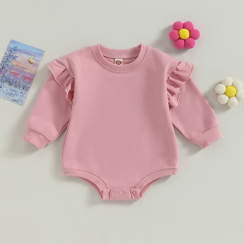 Baby Boy Girl Bodysuit Ruffle Long Sleeve Round Neck Solid Color Jumpsuit Romper