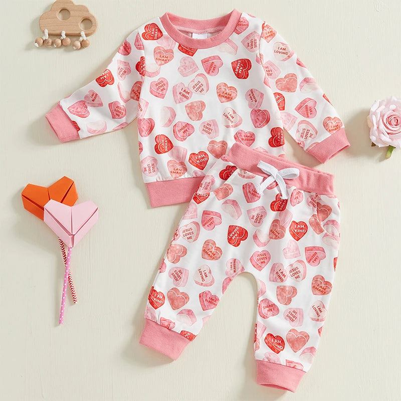 Baby Toddler Girls 2Pcs Valentine's Day Outfit Candy Heart Print Long Sleeve Crewneck Top Elastic Waist Long Pants with Pockets Jogger Set