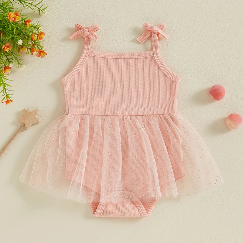 Baby Girls Romper Mesh TuTu Dress Skirt Summer Tie Tank Strap Sleeveless Square Neck Jumpsuit