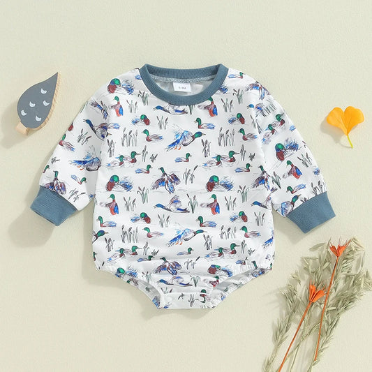 Baby Boys Fall Bodysuit Duck Print Long Sleeve Crewneck Jumpsuit Fall Spring