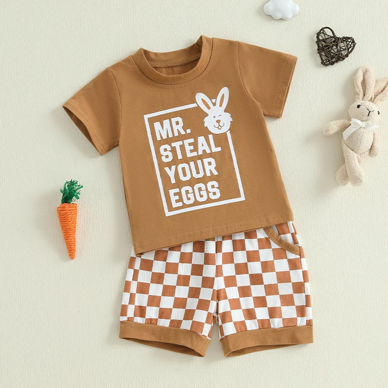 Baby Toddler Boys 2Pcs Mr. Steal Your Eggs Easter Outfit Letter Bunny Rabbit Short Sleeve T-Shirt Top Checkered Shorts Spring Set