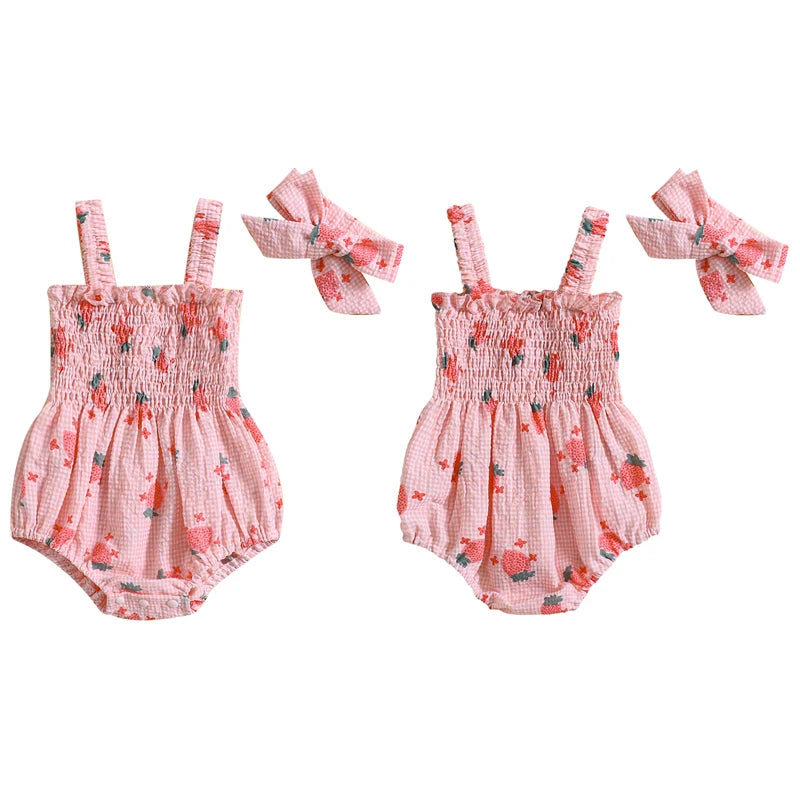 Baby Girl 2Pcs Summer Jumpsuit Strawberry Print Sleeveless Tank Top Romper and Headband Set Outfit