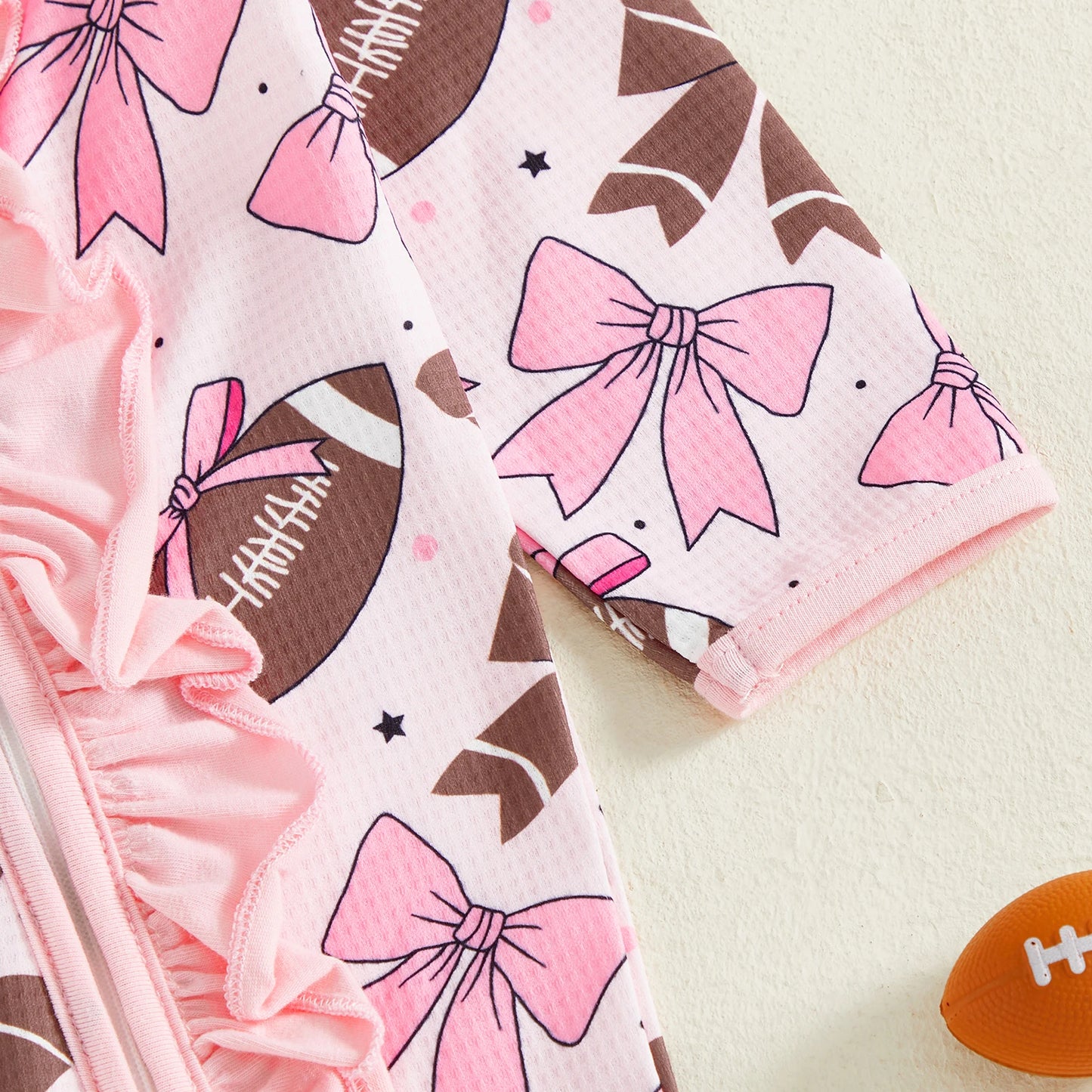 Baby Girl 2Pcs Footed Romper Fashionable Bow and Football Print Ruffled Long Sleeve Jumpsuit with Headband Set