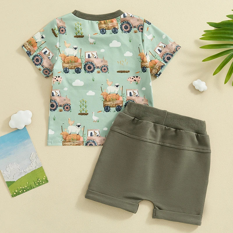 Baby Toddler Boy 2Pcs Summer Outfit Truck Tractor Print Short Sleeve Pocket Top with Solid Color Shorts Set