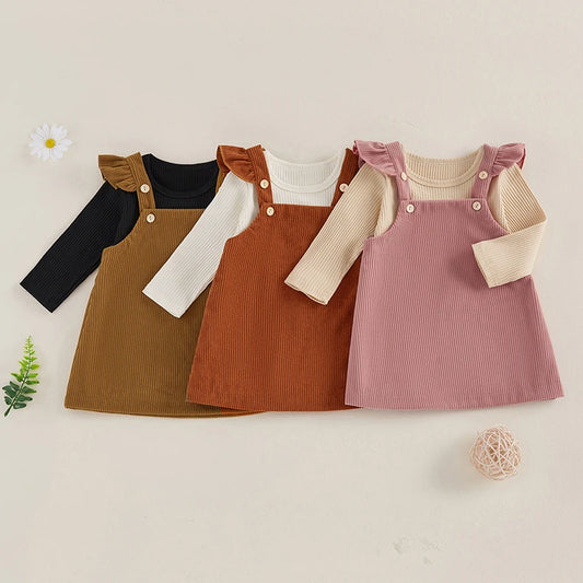 Baby Toddler Girls 2Pcs Fall Outfit Long Sleeve Ribbed Romper + Corduroy Overall Dress Set