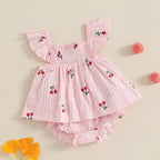 Baby Toddler Girl 2Pcs Shorts Set Cherry Print Fly Sleeve Babydoll Top Elastic Waist Ruffle Shorts Summer Outfit