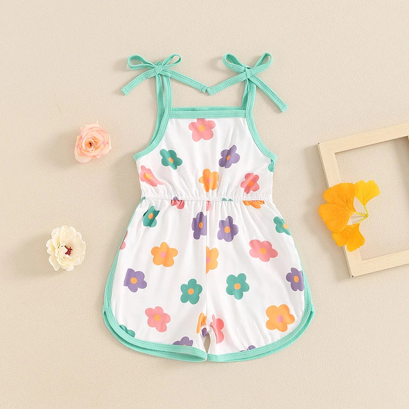 Baby Toddler Girls Summer Jumpsuit Sleeveless Tie Strap Tank Top Elastic Waist Floral Flower Print Romper Shorts Playsuit