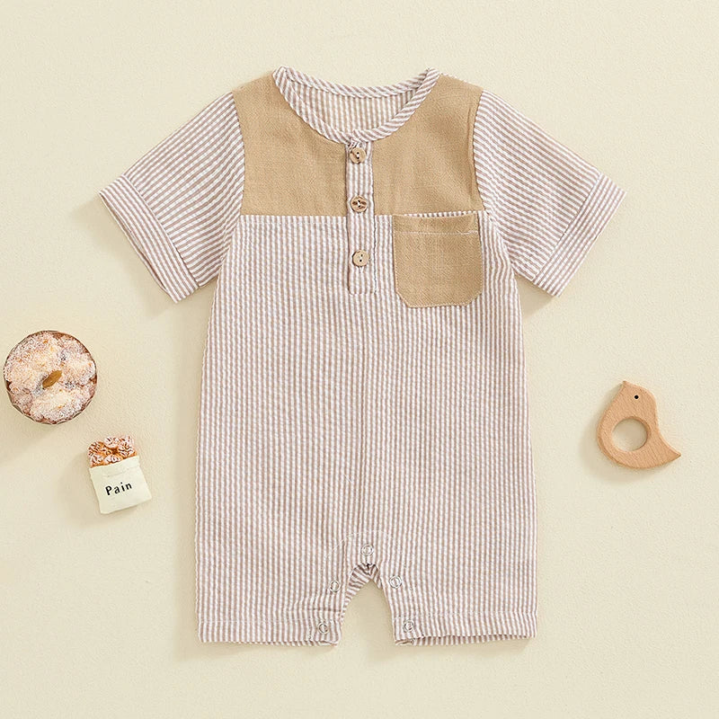 Baby Boys Button Romper Short Sleeve Stripe Print Jumpsuit Pocket Casual Clothes