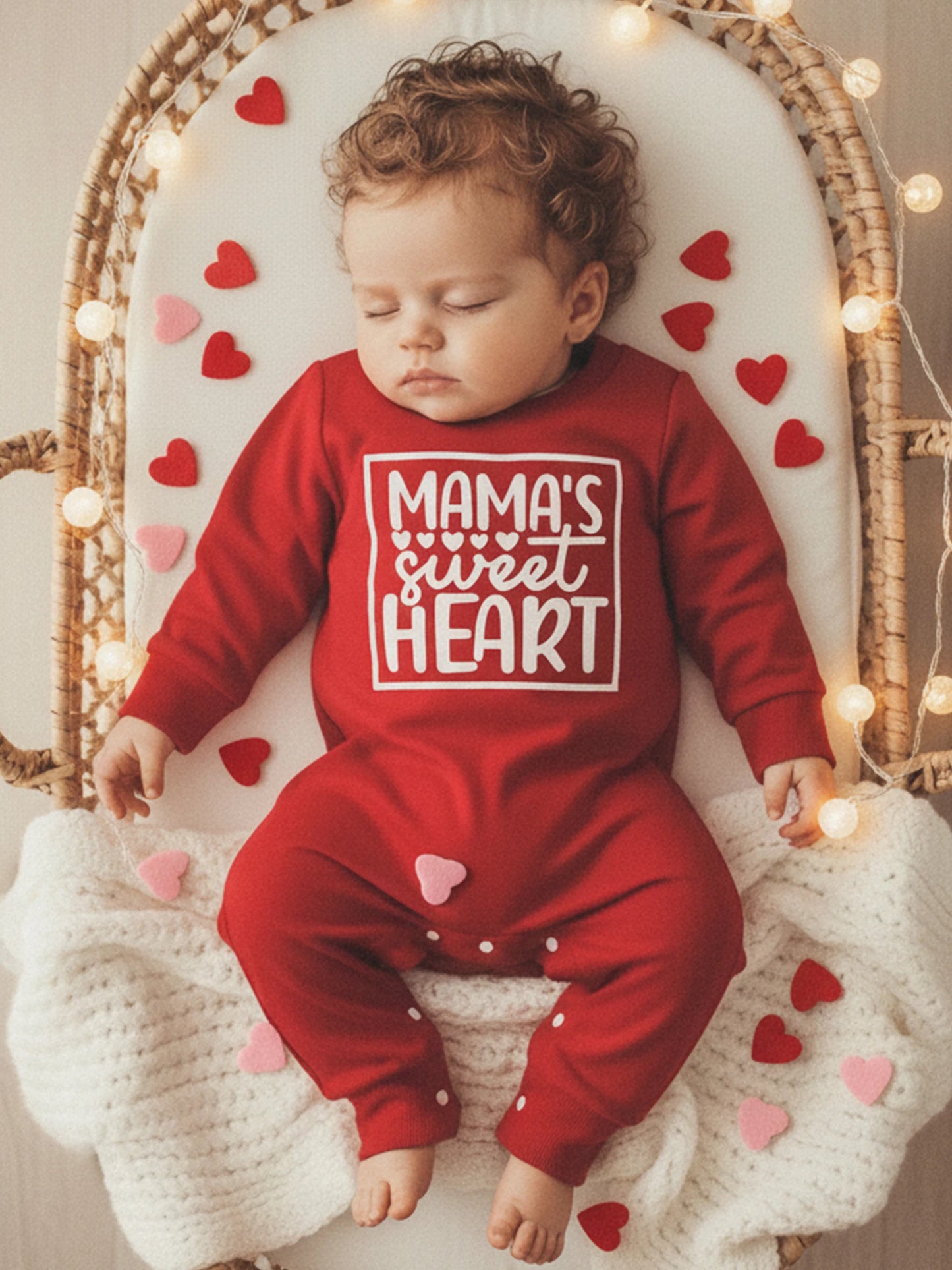 Baby Boy Girl Mama's Sweet Heart Valentine's Day Romper Crew Neck Long Sleeve Letters Heart Print Jumpsuit