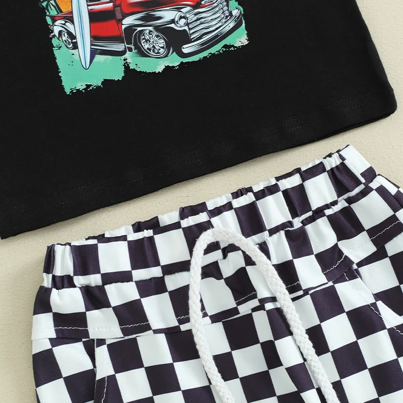 Baby Toddler Boys 2Pcs Beach Bum / The Beach Happy Place / Beach Calling Car Letter Print Sleeveless Tank Top and Checkered Elastic Waist Shorts Clothes Set Outfit