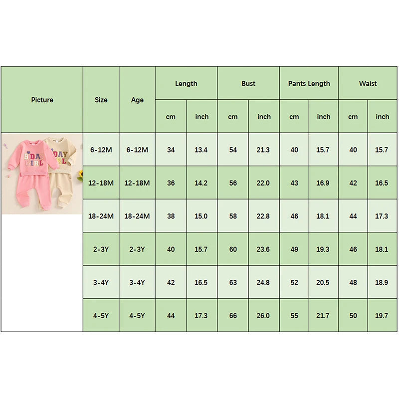 Baby Toddler Kids Girls 2Pcs Birthday Girl Outfit Long Sleeve Letter Embroidery Pullover + Pants Set