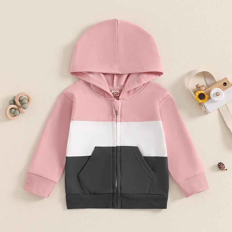 Baby Toddler Boys Girls Contrast Color Long Sleeve Zip Up Hooded Top