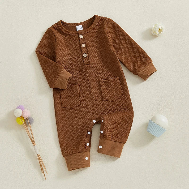 Baby Girls Boys Romper Solid Color Buttons Pockets O-Neck Long Sleeve Spring Jumpsuit