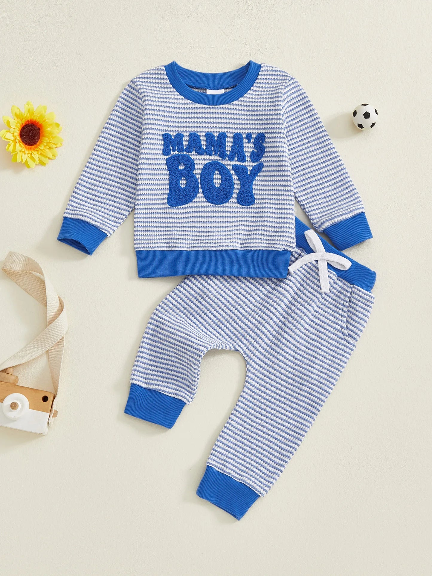Baby Toddler Boys 2Pcs Fall Striped Outfit Letter Embroidery Long Sleeve Top and Elastic Pants Jogger Set
