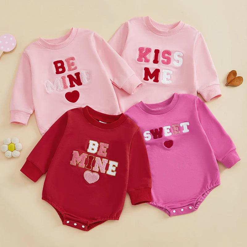 Baby Girls Bubble Romper Valentine's Day Be Mine / Kiss Me / Sweet Heart Letter Embroidered Long Sleeve Jumpsuit Valentines