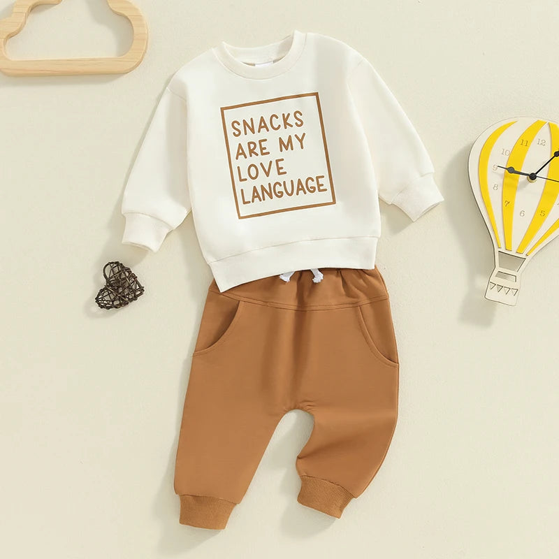 Baby Toddler Boys Girls 2Pcs Snacks Are My Love Language Long Sleeve Crew Neck Letters Print Top with Elastic Waist Pants Set