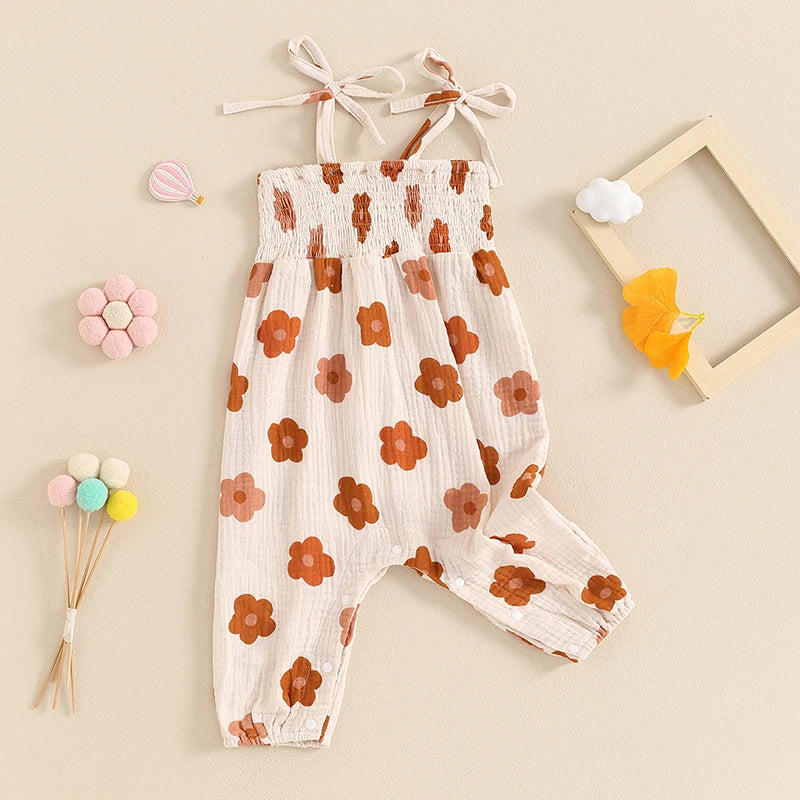 Baby Girl Romper Flower Print Shirred Square Neck Tie-Up Spaghetti Strap Tank Top Jumpsuit Summer Overalls