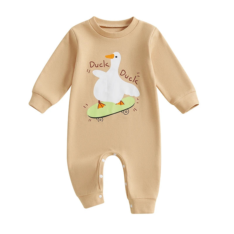 Baby Girl Boy Romper Duck Duck Letter Skateboarding Goose Print Long Sleeve Jumpsuit