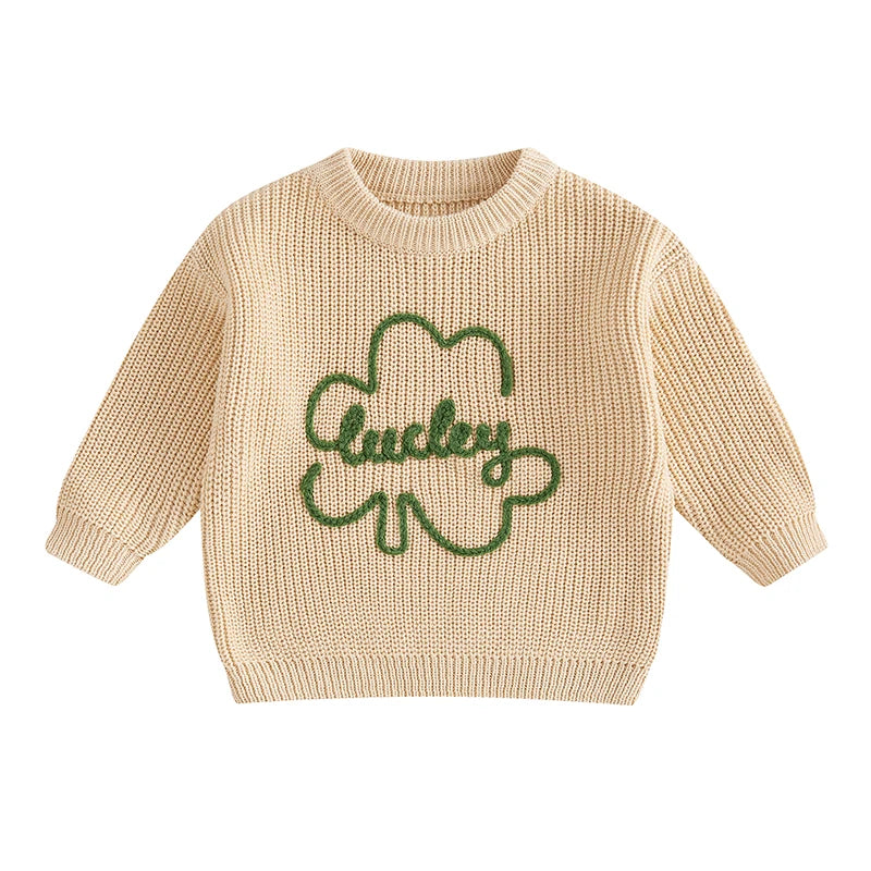 Baby Toddler Kids Boys Girls Lucky Knit Sweater Long Sleeve Round Neck Shamrock Letter Embroidery Pullover Spring St. Patrick's Day Top